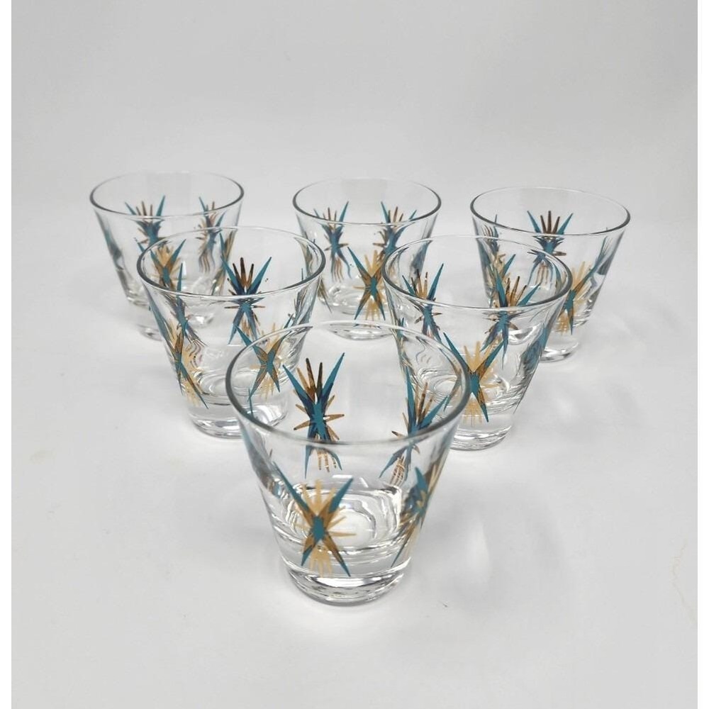Set 6 Federal Atomic Turquoise and 22-karat Gold Starburst Cocktail Shot Glasses
